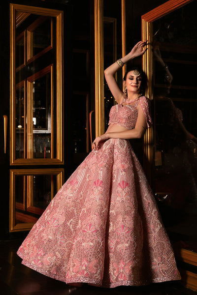 "Juliet" Pink Hand Embroidered Lehenga Set With Cape