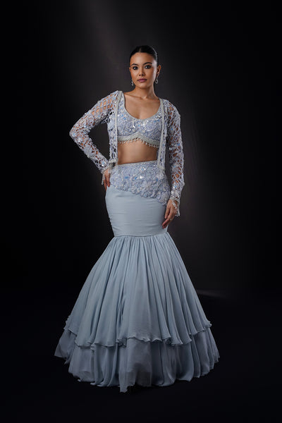 "Zinnia" Sky Blue Cutwork Jacket Fiscut Lehenga Set